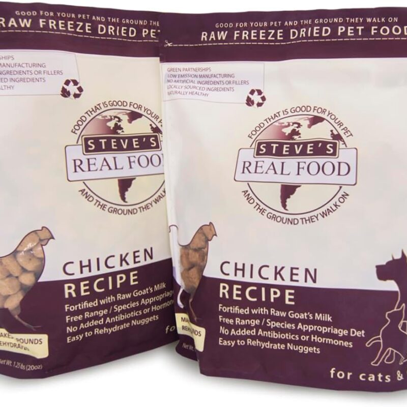 Steve's Real Food Freeze-Dried Raw Food Diet for Dogs and Cats, 2-Pack, Chicken Recipe, 1.25 lbs in Each Bag, Made in The USA, Pour and Serve Nuggets, Vegetarian Fed & Free Range