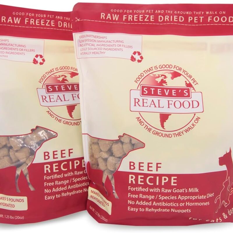 Steve's Real Food Freeze-Dried Raw Food Diet for Dogs and Cats, 2-Pack, Beef Recipe, 1.25 lbs in Each Bag, Made in The USA, Pour and Serve Nuggets, Grass Fed & Free Range