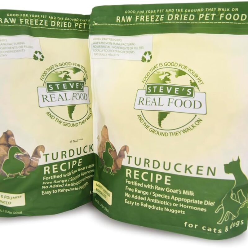 Steve's Real Food Freeze-Dried Raw Food Diet for Dogs and Cats, 2-Pack, Turducken Recipe (Turkey & Duck), 1.25 lbs in Each Bag, Made in The USA, Pour and Serve Nuggets, Vegetarian Fed & Free Range