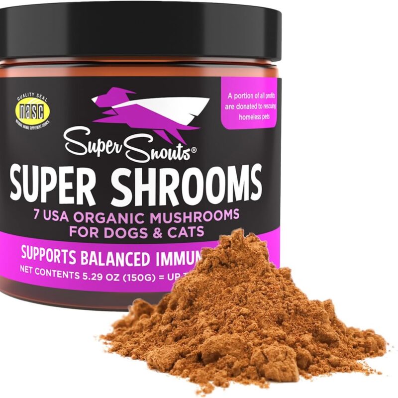 Super Snouts Super Shrooms Mushroom Immune Support Supplement for Dogs and Cats, 5.29 oz - Made in USA Organic Non-GMO, Immune Health, Strong Immunity, 7 Mushroom Blend Powder
