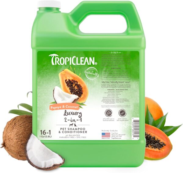 TropiClean 2-in-1 Papaya & Coconut Dog Shampoo and Conditioner | Natural Pet Shampoo Derived from Natural Ingredients | Cat Friendly | Made in the USA | 1 gallon