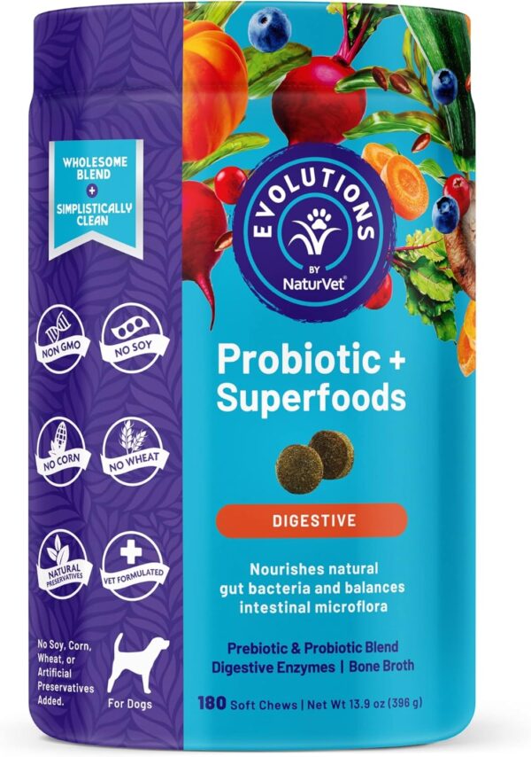 NaturVet Evolutions Probiotic & Superfoods 180ct Soft Chews for Dogs - Prebiotic & Probiotic Blend, Digestive Enzymes, Bone Broth, Omega's - Nourishes Natural Gut Bacteria and Intestinal Microflora