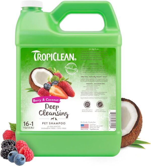 TropiClean Berry & Coconut Deep Cleansing Dog Shampoo | Deodorizing Dog Shampoo | Natural Pet Shampoo Derived from Natural Ingredients | Cat Friendly | Made in the USA | 1 gallon