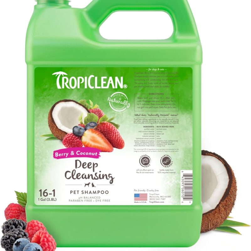 TropiClean Berry & Coconut Deep Cleansing Dog Shampoo | Deodorizing Dog Shampoo | Natural Pet Shampoo Derived from Natural Ingredients | Cat Friendly | Made in the USA | 1 gallon