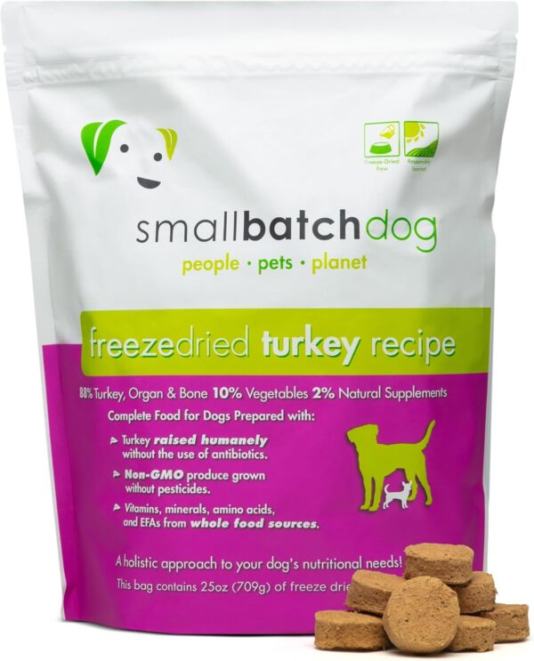 smallbatch Pets Freeze-Dried Premium Raw Food Diet for Dogs, 25oz, Turkey Recipe, Bulk Bag, Made in The USA, Organic Produce, Humanely Raised Meat, Hydrate and Serve Patties, Wholesome & Health